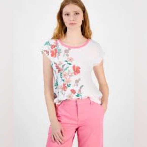 NWT Tommy Hilfiger Floral Print Short Sleeve Top White and Pink Size: 2X - Picture 3 of 6